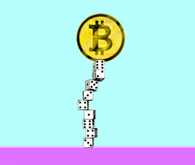 Bitcoin balancing on stack of dice against blue background