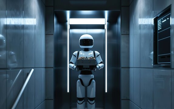 Futuristic robot delivering a box standing in elevator. Future of modern automated delivery industry. Robotic AI assistant, smart helper, adaptive bot. Tech savvy, machine learning, innovation concept