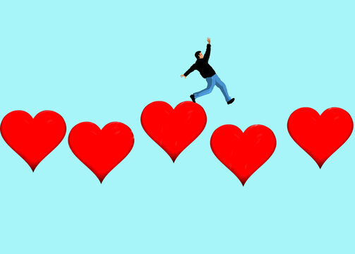 Man tripping on hearts against blue background
