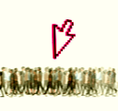 Arrow pointing over crowd of walking people