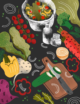 Colorful illustration of various vegetables and kitchen items for healthy cooking