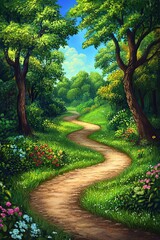 Obraz premium Serene Forest Path with Lush Greenery and Blooms