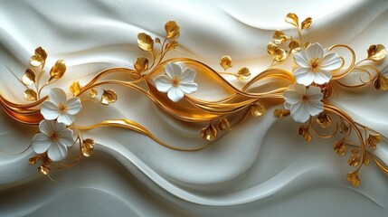 Elegant gold, white flowers, wavy background.
