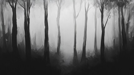 Obraz premium A misty forest scene with tall trees and a mysterious atmosphere.
