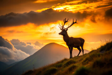 Fototapeta premium Majestic stag silhouette against vibrant sunset in alpine meadow. warm colors of sky create stunning backdrop for this serene wildlife scene