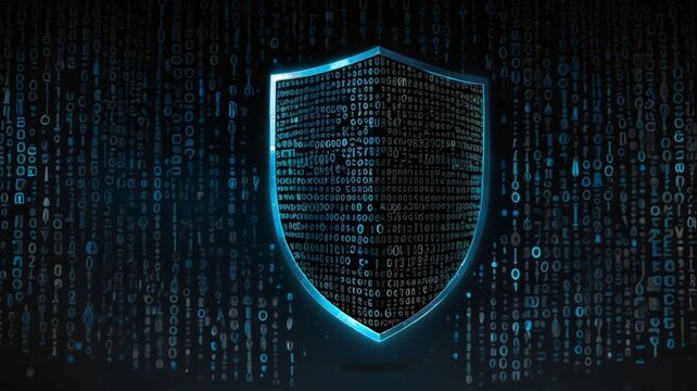 A stylized shield filled with binary code, emphasizing cybersecurity and data protection in a modern, tech-savvy world