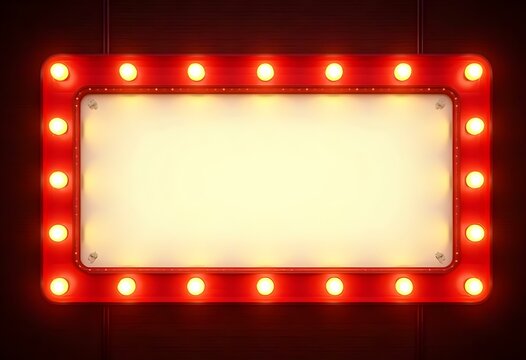 Marquee frame with retro light bulbs. Vintage red light sign boarder for casino, broadway billboard, circus or movie cinema. Rectangle bright signboard for ads, promotion and sale with copy space
