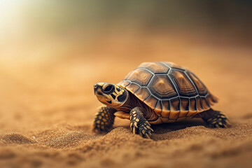 Fototapeta premium A small tortoise crawling on golden desert sand, showcasing its detailed shell and emphasizing the importance of protecting fragile ecosystems. 