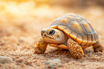 Obraz premium A young tortoise walking on sandy terrain under warm sunlight, symbolizing resilience and the importance of protecting wildlife and ecosystems. 