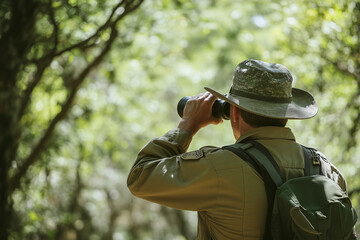 A forest ranger in a wide-brim hat using binoculars to observe wildlife, symbolizing exploration, conservation efforts, and the protection of natural habitats.  
