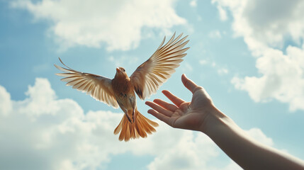 Obraz premium A bird being gently released into the sky from a human hand, symbolizing wildlife protection, freedom, and the importance of conservation. 