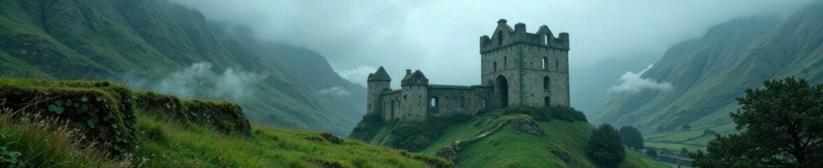 Naklejka premium Castle ruins shrouded in misty fog, crumbling stone walls overgrown with vines and moss, Gothic, mountainside, overgrown vegetation