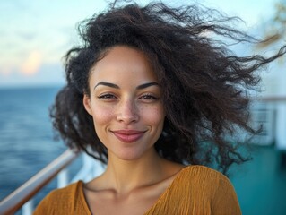 Close up Photo of a Young Woman with Radiant Smile Standing on a Cruise Ship, Hair Blowing in the Sea Breeze
