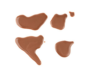 Spilled chocolate milk isolated, hot chocolate puddle, liquid stain, coffee splatter, brown latte