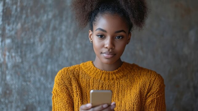 African American woman using smartphone app to donate money online, Generative AI