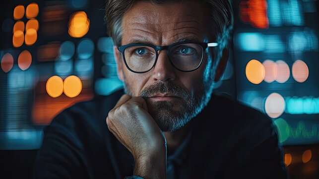 Focused professional analyzing data in a modern office setting during the evening hours