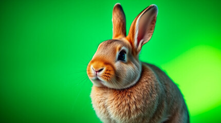Obraz premium Curious Rabbit Isolated on a Fresh Green Background with Copy Space for Pet Care Promotion