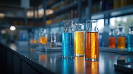 Colorful liquids in glass bottles on a lab bench.