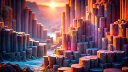 Obraz premium stunning landscape featuring pastel basalt columns at sunset, creating magical and serene atmosphere. vibrant colors and unique formations evoke sense of wonder and tranquility
