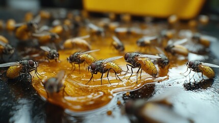 Flies feeding on yellow, sticky substance.