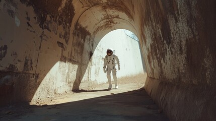 An astronaut walking through a dimly lit tunnel, evoking exploration and solitude.
