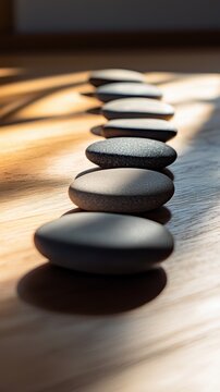 Stylish Liaison Stones Arranged on Wooden Surface in Outdoor Setting