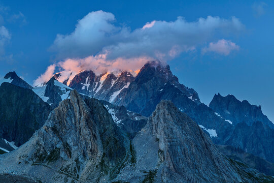 Drone view of Pyramides Calcaires mountain and Mont Blanc with alpenglow