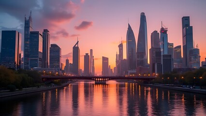 Fototapeta premium A breathtaking image of a modern city skyline at sunset. Tall skyscrapers with glass facades reflect the warm hues of orange, pink, and purple in the sky.