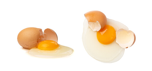 Broken Egg Isolated, Raw Yolk and White, Cracked Brown Shell, Fresh Broken Chicken Eggs on White Background