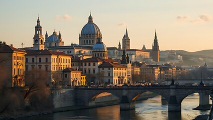 Naklejka premium A scenic view of a historic city skyline with iconic landmarks, including ancient domes, bell towers, and stone buildings.