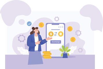 A detailed illustration focusing on blockchain-powered currency exchanges, featuring financial symbols, graphs, and secure transaction depictions.