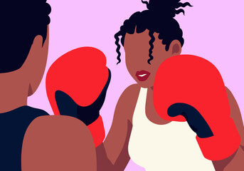 Boxer wearing gloves and boxing with sparring partner against pink background