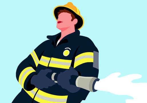 Firefighter in protective gear holding powerful water hose against blue background