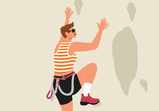 Woman wearing harness and climbing rock