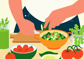 Woman preparing fresh salad at table