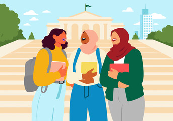 Happy friends standing together in university campus