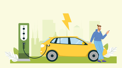 Naklejka premium A modern design focusing on EV charging, featuring sleek stations, eco-friendly themes, and futuristic concepts for sustainable mobility.