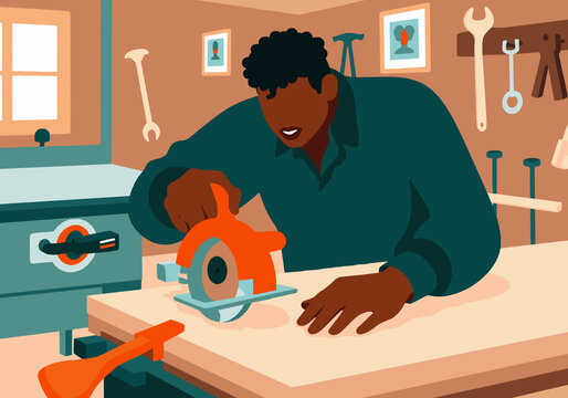 Carpenter using circular saw on wood in workshop