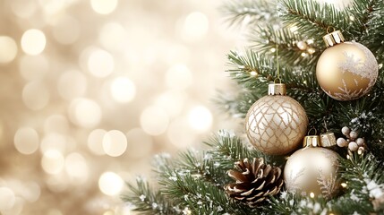 Elegant Gold Christmas Ornaments Adorn Snowy Tree Branches