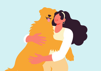 Smiling woman embracing golden retriever dog against blue background