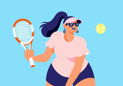 Happy woman playing tennis against blue background