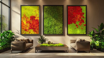 Three large frames with vibrant moss wall art in a modern living room with neutral tones