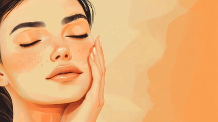 Facial skincare. Illustration with copy space. Woman is massaging her face with fingers.