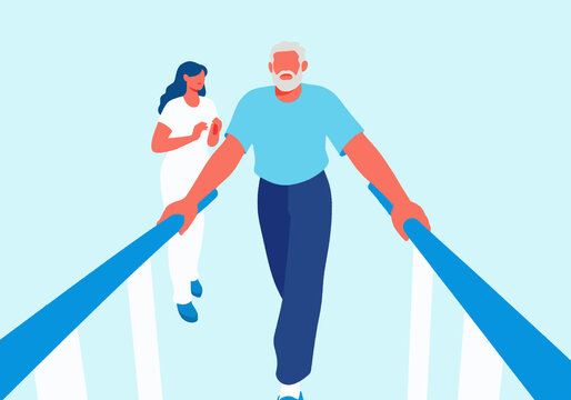 Elderly man walking with support of parallel by therapist