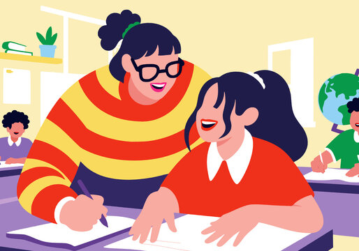 Happy teacher assisting girl sitting at desk in classroom