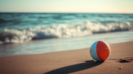 Obraz premium Beach Ball on Sandy Shore with Rolling Waves