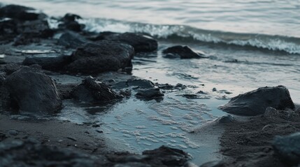 Waves Washing Over Rocky Beach at Evening Light