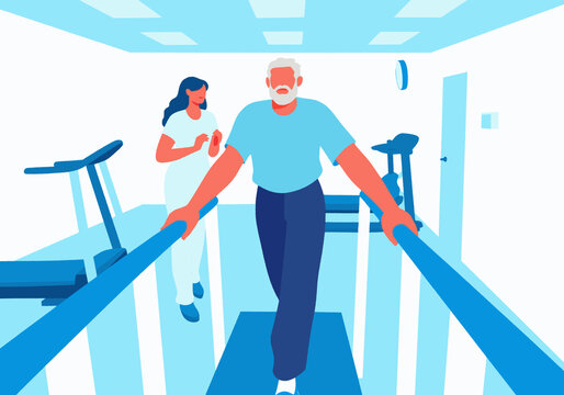 Elderly man doing physical therapy exercises on parallel bars