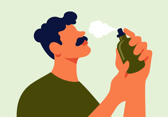 Man with mustache spraying air freshener
