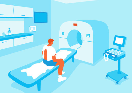 Patient sitting on bed in CT scan room